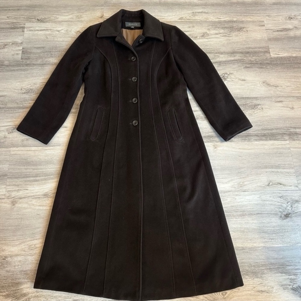 Vintage Liz Claiborne Elegant Brown Long Coat wool angora blend coat size 10 - Picture 2 of 7